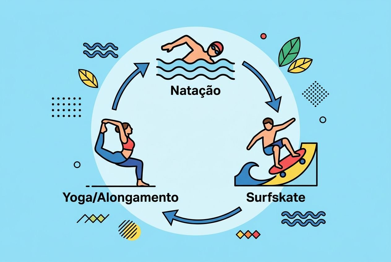 Ilustração de ciclo de treino para surfar: Natação, Surfskate, Yoga/Alongamento, com setas circulares entre as atividades. Dicas para surfar melhor integradas ao tema.