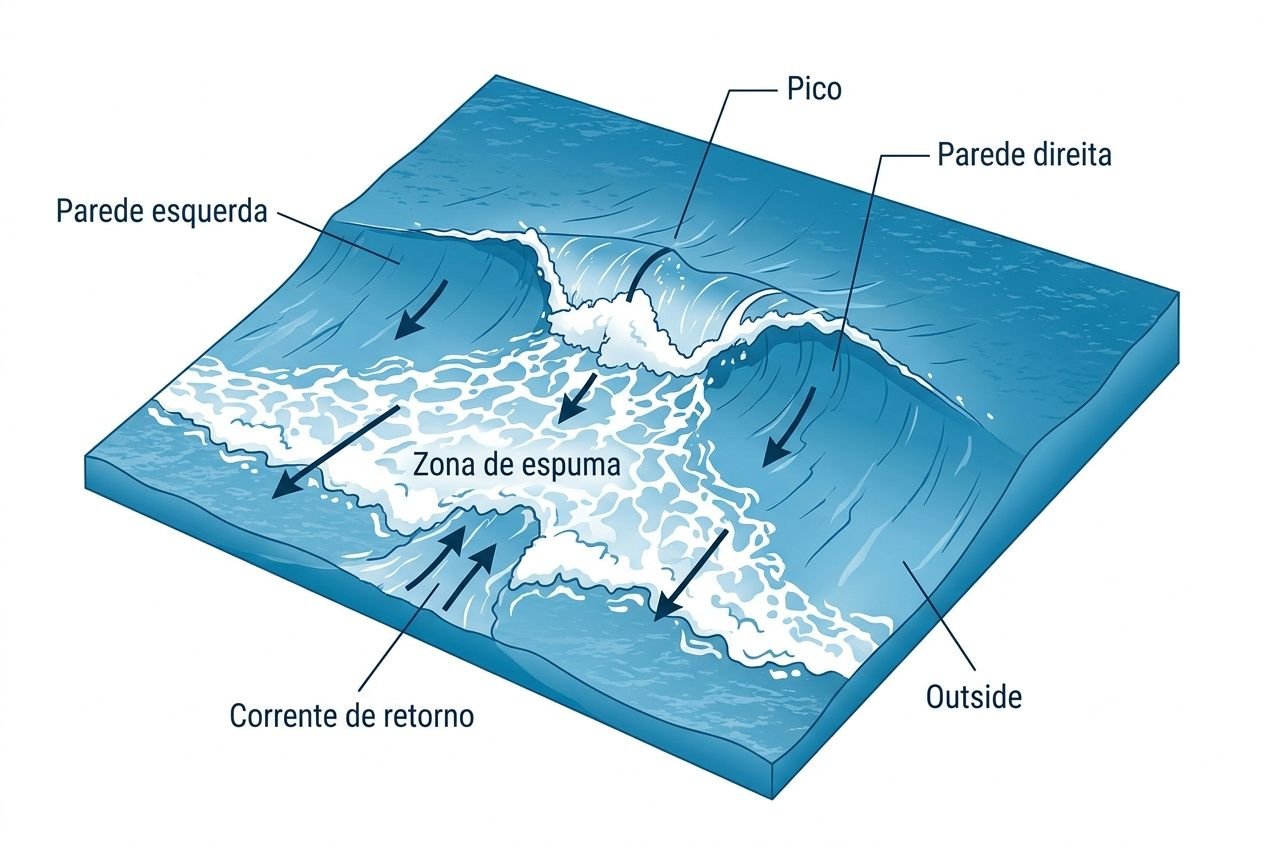 Ilustração de prancha de surfe mostrando pico, parede direita e esquerda, zona de espuma, corrente de retorno e outside, útil para dicas para surfar melhor.