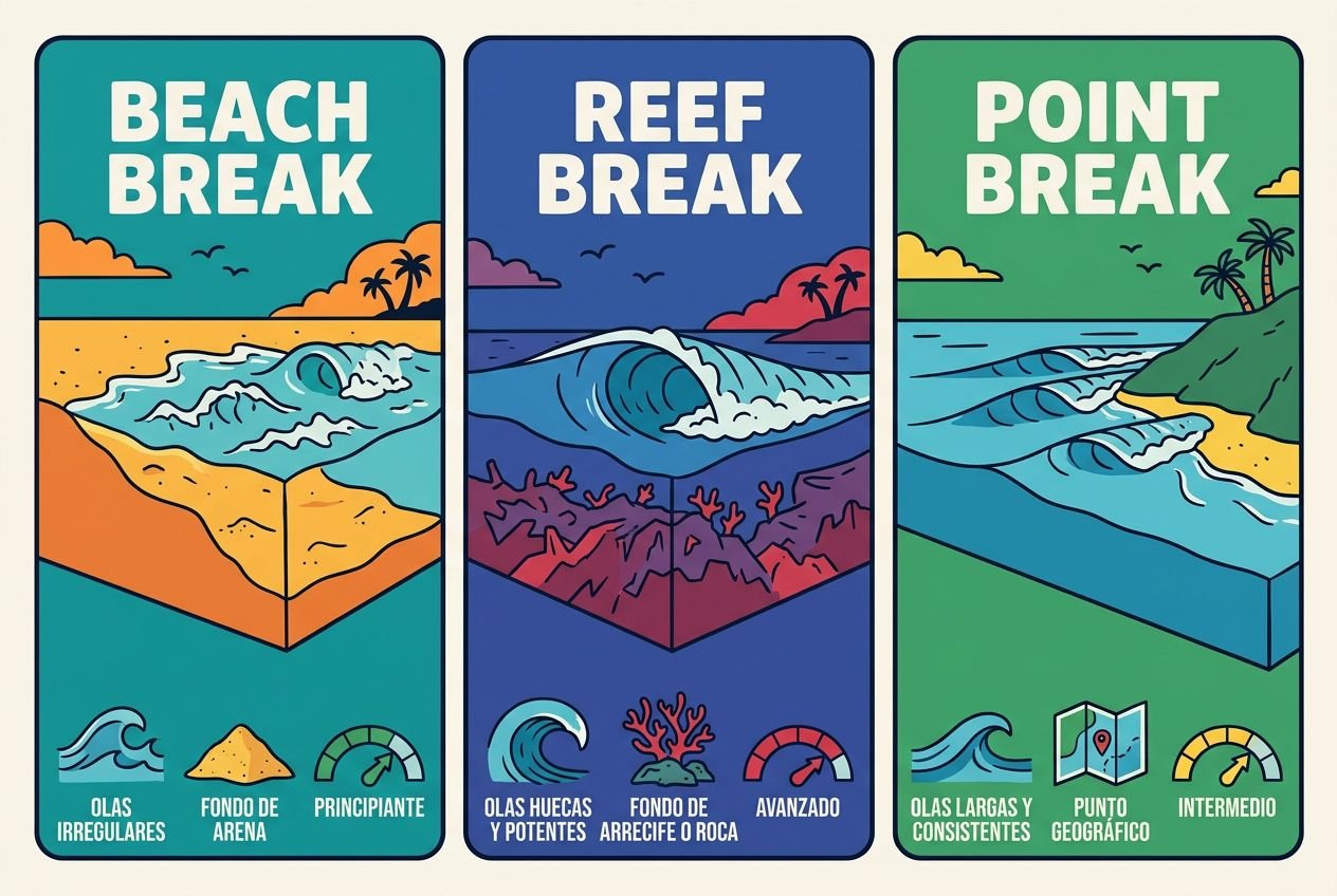Ilustración con tres tarjetas: Beach Break, Reef Break y Point Break, mostrando distintos perfiles de olas y paisajes costeros. Incluye iconos de tipos de olas y fondos de arena, arrecifes y puntos geográficos.