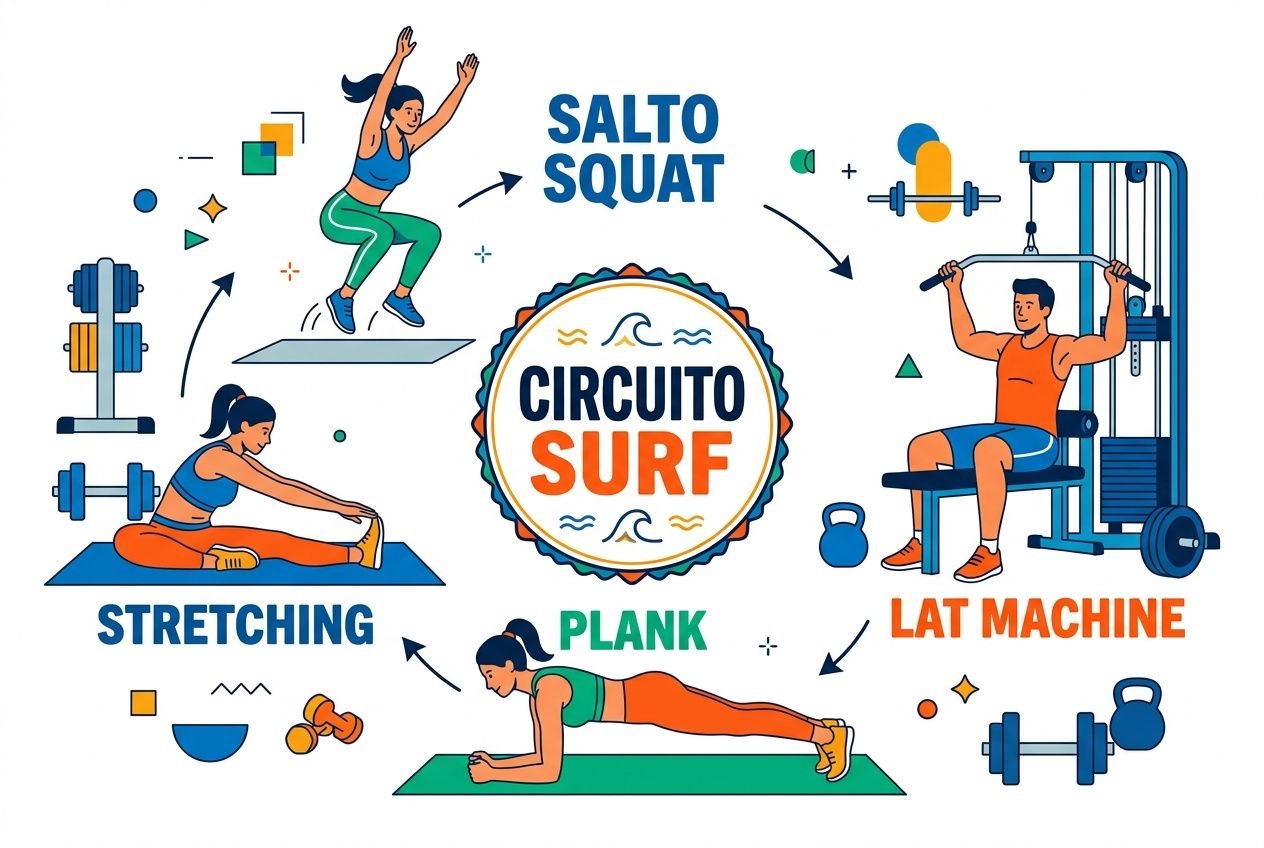 Immagine illustrata di un circuito di allenamento surf: salto squat, lat machine, plank, stretching e plank su tappetino, con icone e attrezzature da palestra. Allenamento surf a palestra.