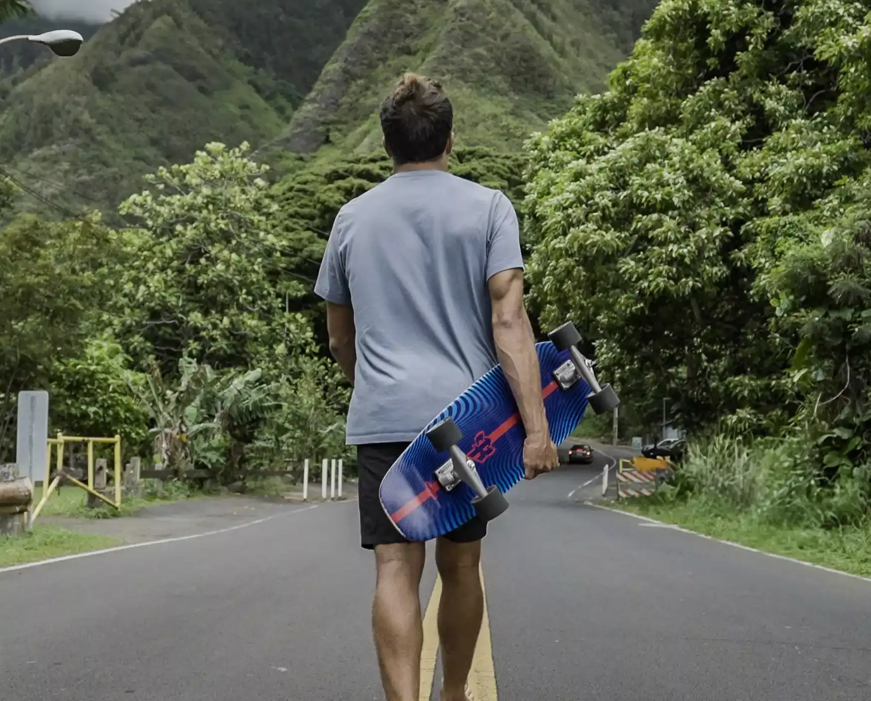 Jovem caminhando pela estrada com prancha de skatesurf na mão, costas vistas, cercado por natureza verde e montanhas ao fundo.