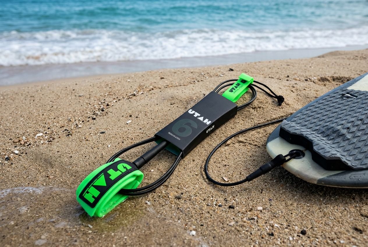 Leashes de surf em uma prancha na areia: leash verde presa à prancha de bodyboard, com caixa de acessórios à vista, à beira do mar.