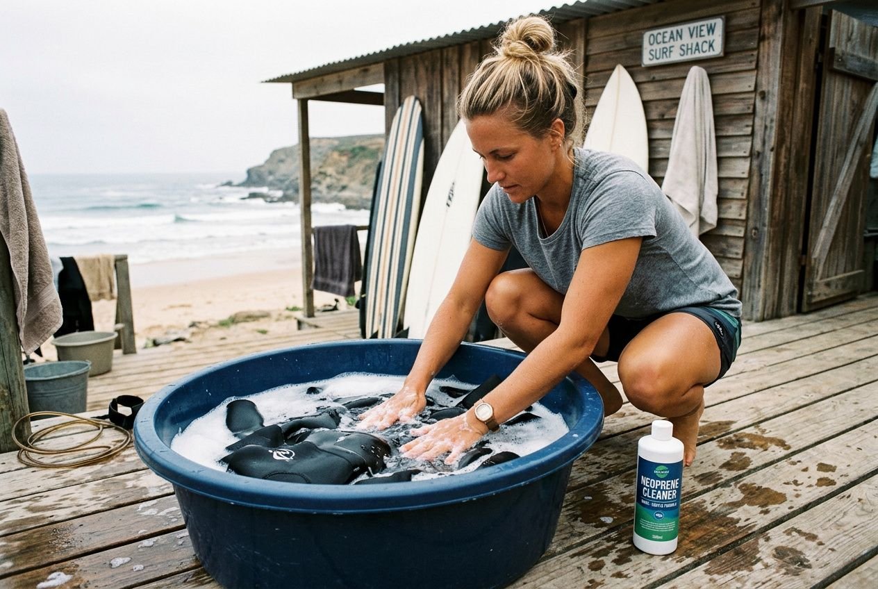 Mujer lavando un traje de surf en una cubeta grande, con botella de limpiador de neopreno a su lado, junto a una zona de playa y cabina de surf. Cómo lavar un traje de surf