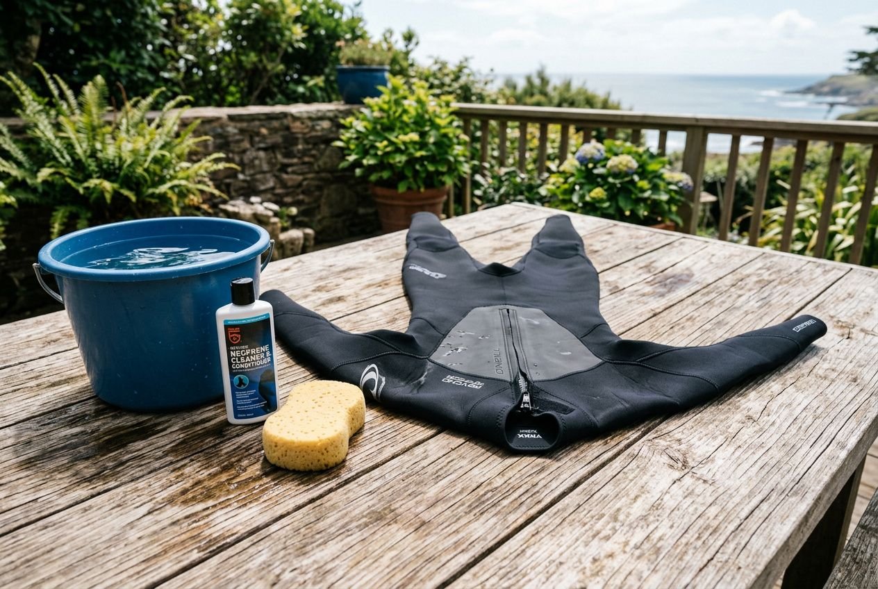 Muta neoprene pronta per il lavaggio: detergente delicato, spugna e secchiello con acqua, su tavolo all’aperto. invito a togliere odori. muta neoprene puzza come toglierla.