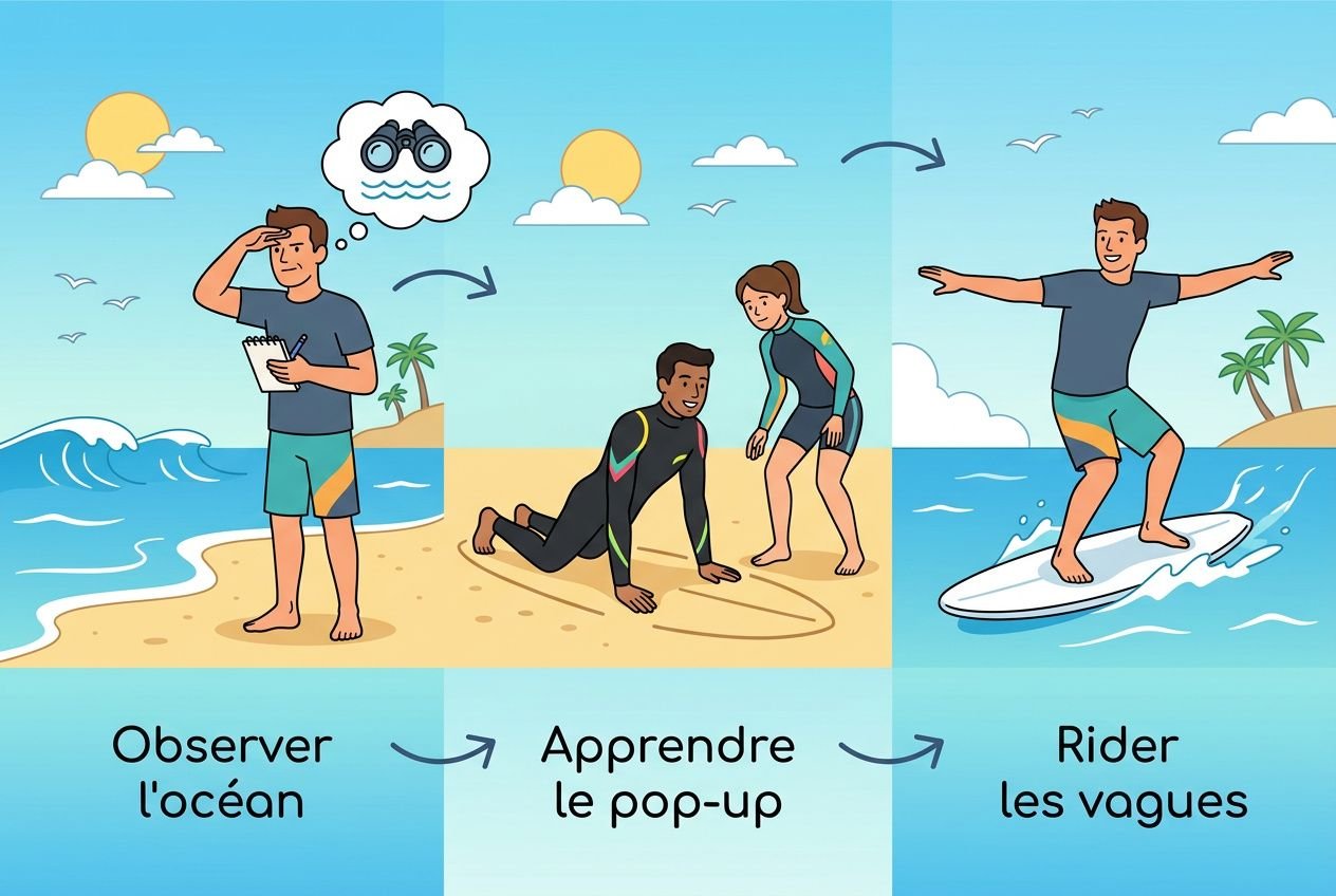 Observateur observant l’océan puis apprenant le pop-up et enfin rider les vagues pour apprendre le surf à 40 ans.