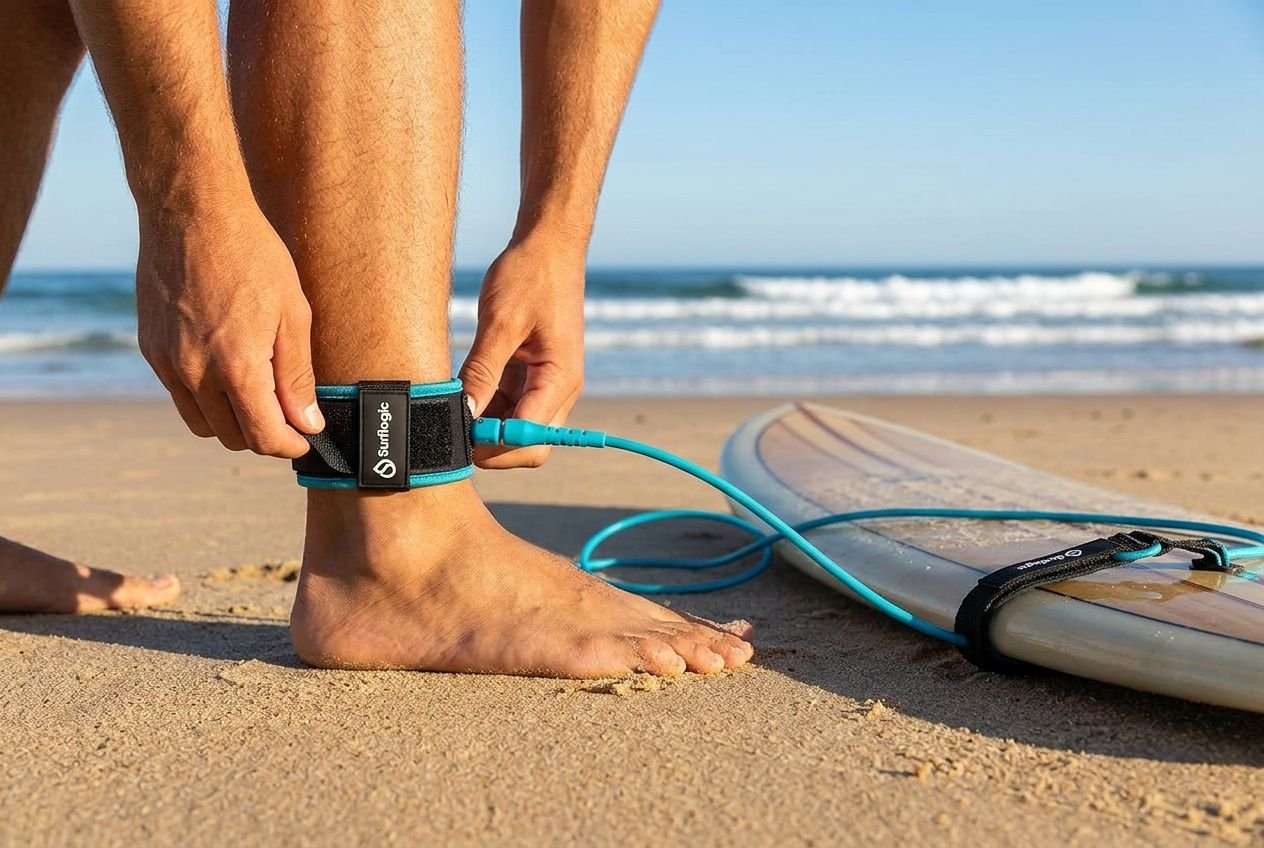 Persona ajustando un leash de surf en la playa junto a la tabla, lista para surfear. Cómo elegir el leash de surf.