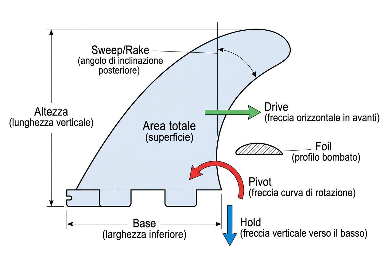 Pinna da surf con etichette: sweep/rake, area totale, base, hold, pivot e drive, mostrano la forma, le dimensioni e l’asse di rotazione della pinna.