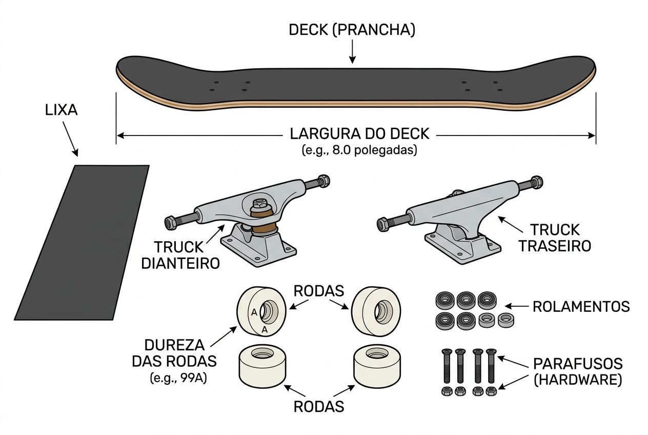 Placa retratada com desenho técnico de skate: deck, trucks dianteiro e traseiro, rodas, rolamentos e parafusos; ilustra medidas de largura do deck, dureza das rodas e componentes do skate, útil para quem quer saber qual skate comprar para iniciantes.