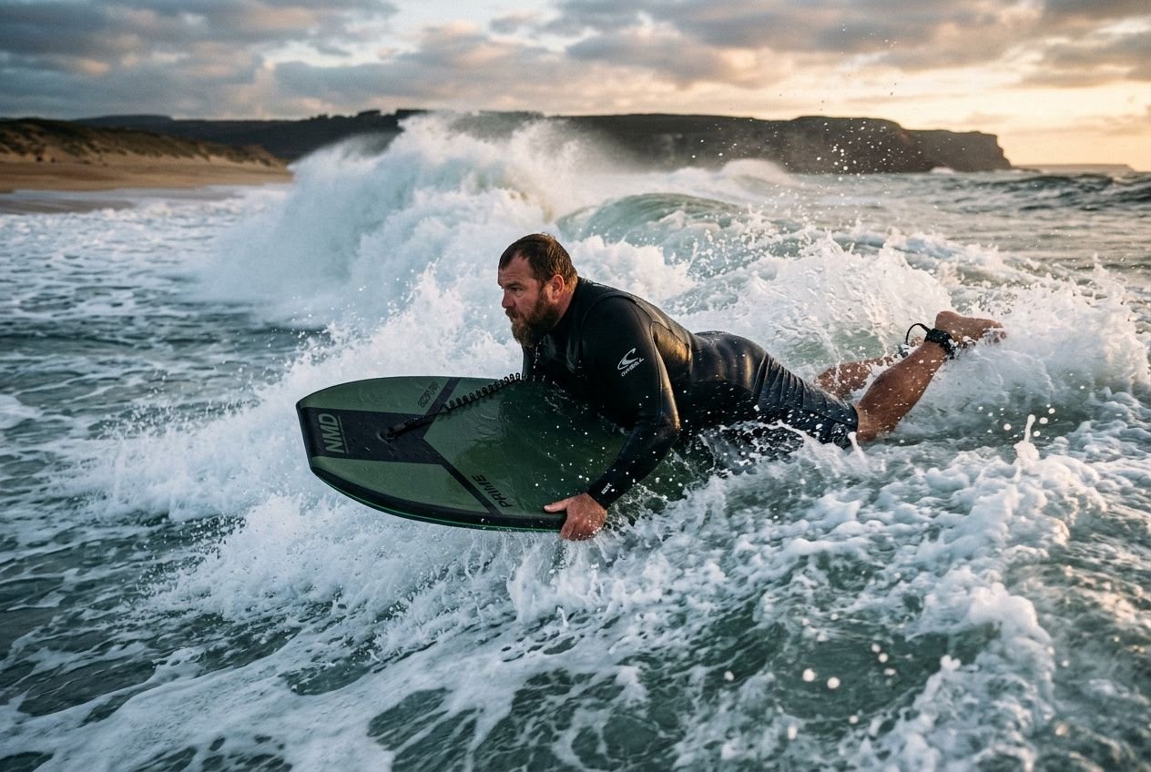 Prancha de bodyboard para 100 kg em uso: surfista fica deitada sobre a prancha protegendo-se das ondas, navegando na água com spray branco ao redor.