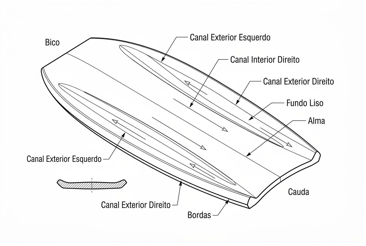 Prancha de bodyboard com ranhuras e etiquetas técnicas, mostrando cantos, fundo liso, canalexterior esquerdo/direito e bordas para desempenho. Corpo esculpido para entender componentes como canal interior, alma e cauda. bodyboard profissional.