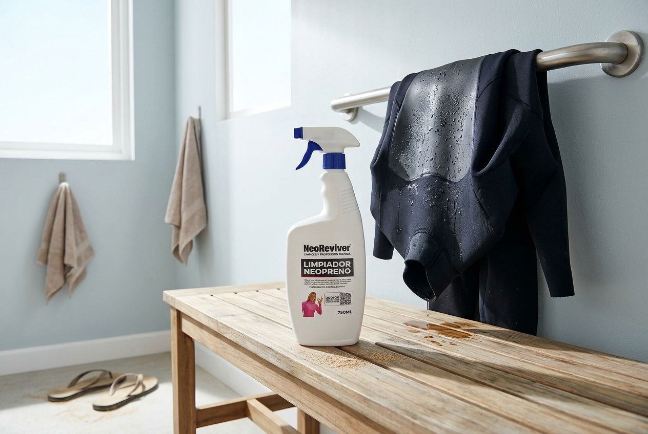 Pulitore neoprene per muta e costume appoggiato su tavolo di legno, con muta umida appesa al gancio in bagno. come lavare la muta in neoprene nel contesto manutenzione.