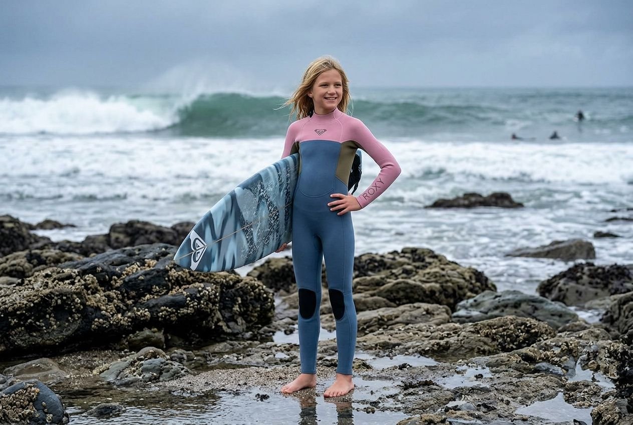 Ragazza con muta da surf blu e rosa, in piedi su scogli con tavola, pronta per l’acqua fredda. Spessore mute surf indicato dalla descrizione.