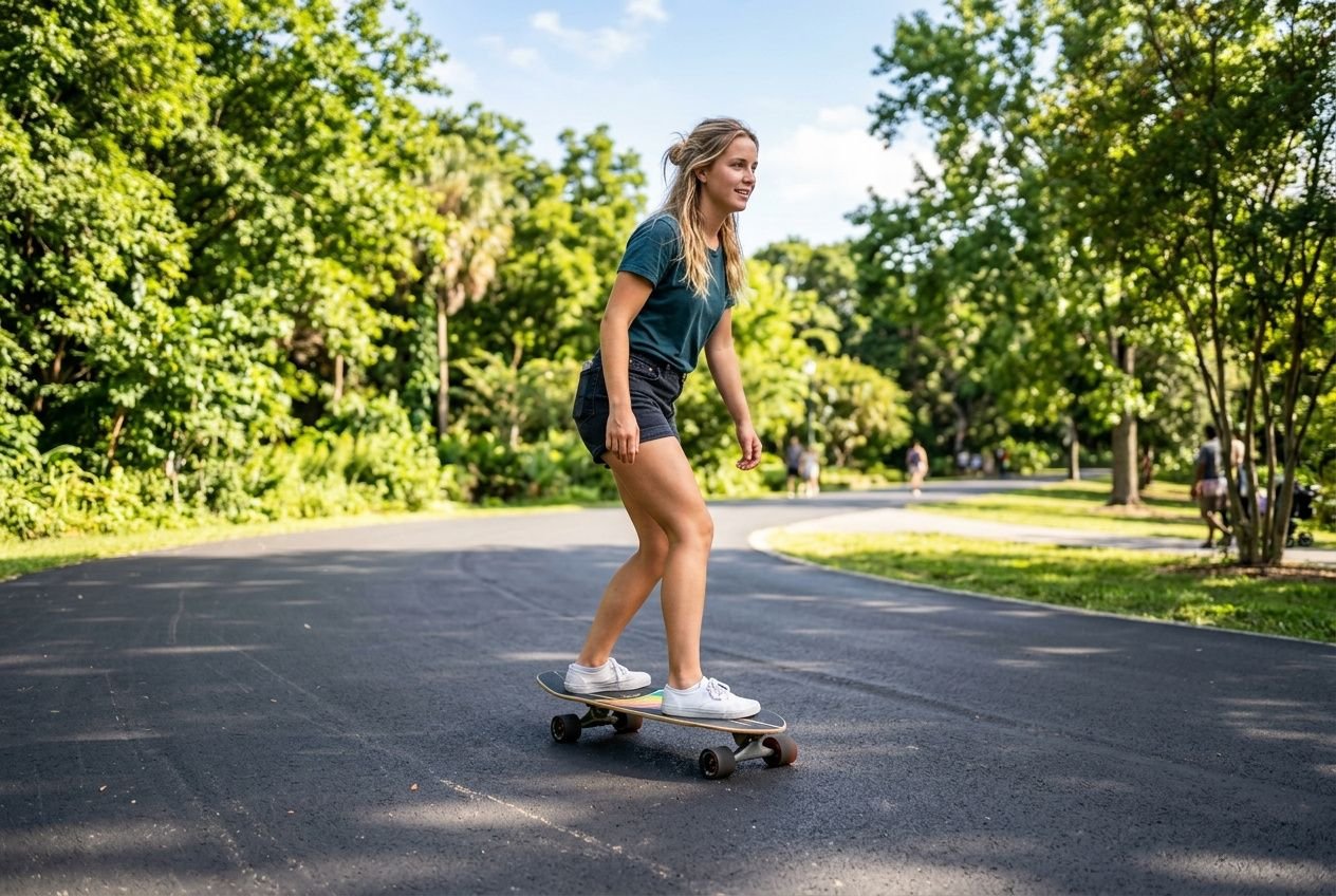 Ragazza su skateboard in parco, postura in esercizio e sorriso, sfondo alberi e cielo azzurro. come allenarsi con surfskate.
