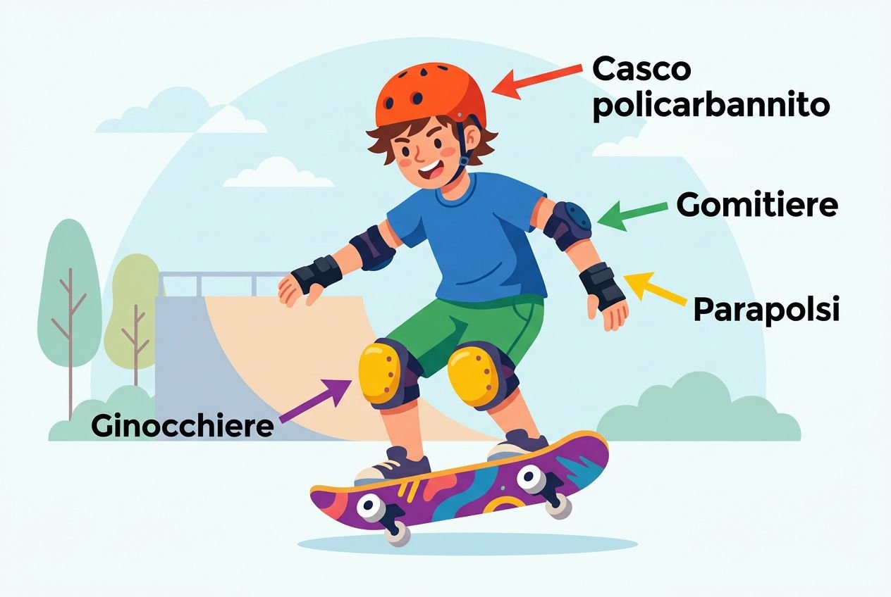 Ragazzo in casco, ginocchiere e gomitiere su skateboard, etichette indicano casco policarbonato, gomitiere, parasoldi, ginocchiere a bordo di skate park. come iniziare skateboard
