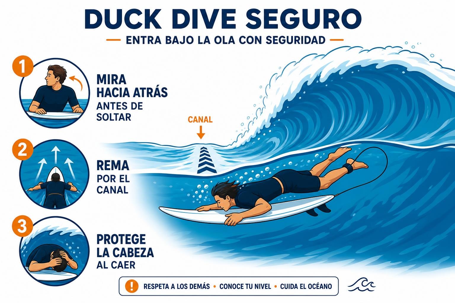 Reglas básicas del surf: guía de seguridad en la ola con tres pasos ilustrados: mirar atrás, remar por el canal y proteger la cabeza al caer, en un estilo dibujo animado.