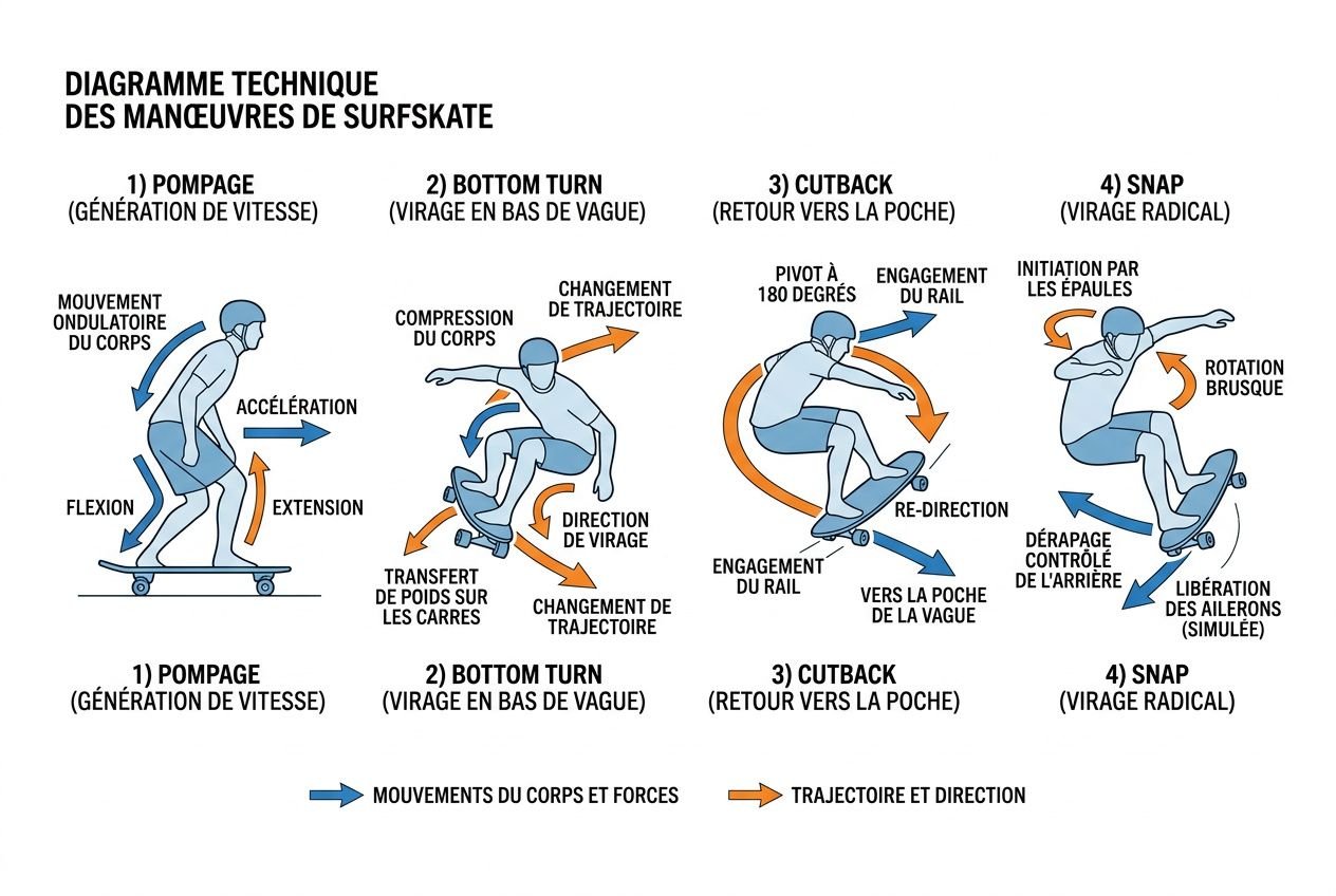 Schéma technique des manœuvres de surfskate montrant les étapes de pompage, bottom turn, cutback et snap avec posture, vitesse, trajectoire et transfert de poids pour progresser en surf.