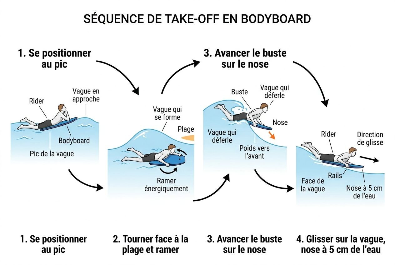 Séquence de take-off en bodyboard montrant les étapes: se positionner au pic, tourner face à la plage et ramer, avancer le buste sur le nose, puis glisser sur la vague, avec le nose à 5 cm de l’eau. Intègre les conseils pour comment se positionner sur un bodyboard.