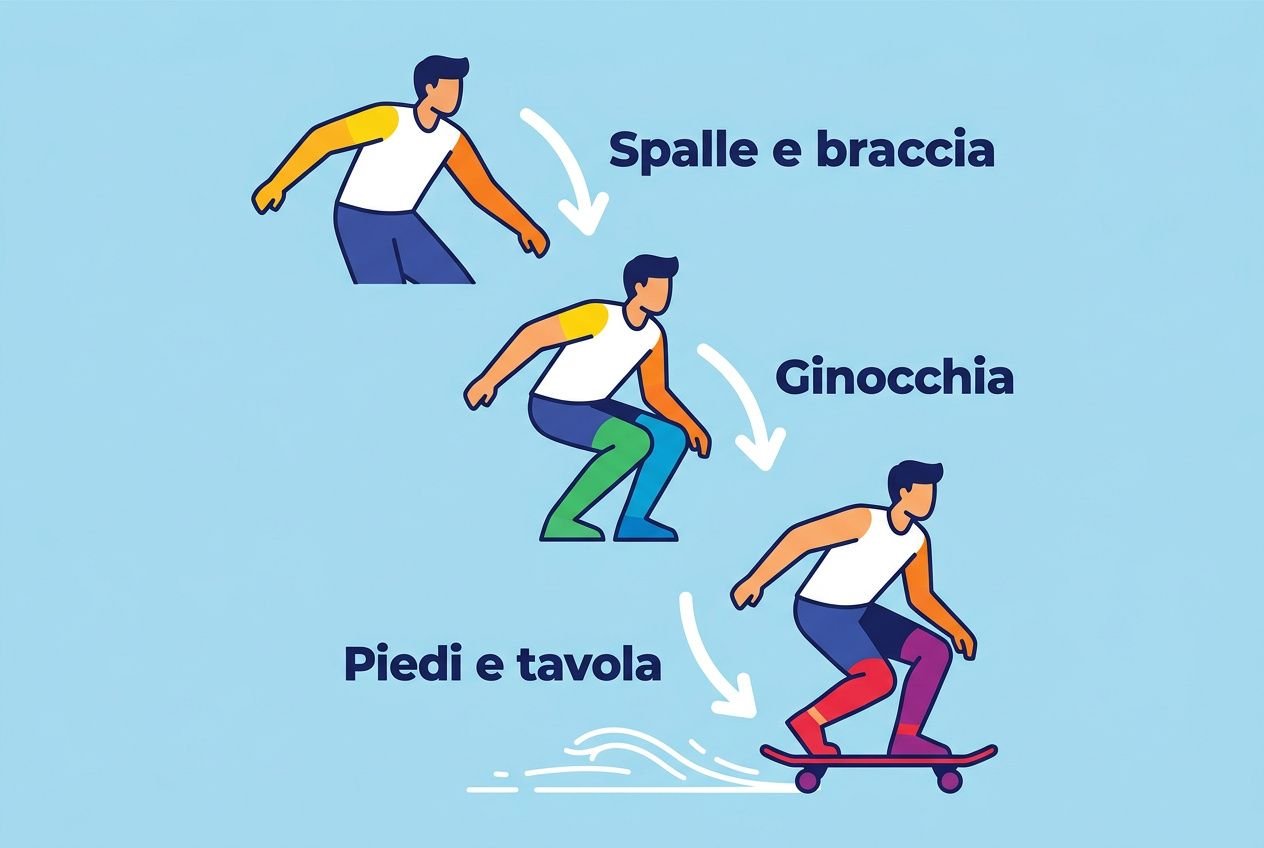 Sequenza illustrata di allenamento: spalle e braccia, ginocchia, piedi e tavola in azione sul surfskate. come allenarsi con surfskate.