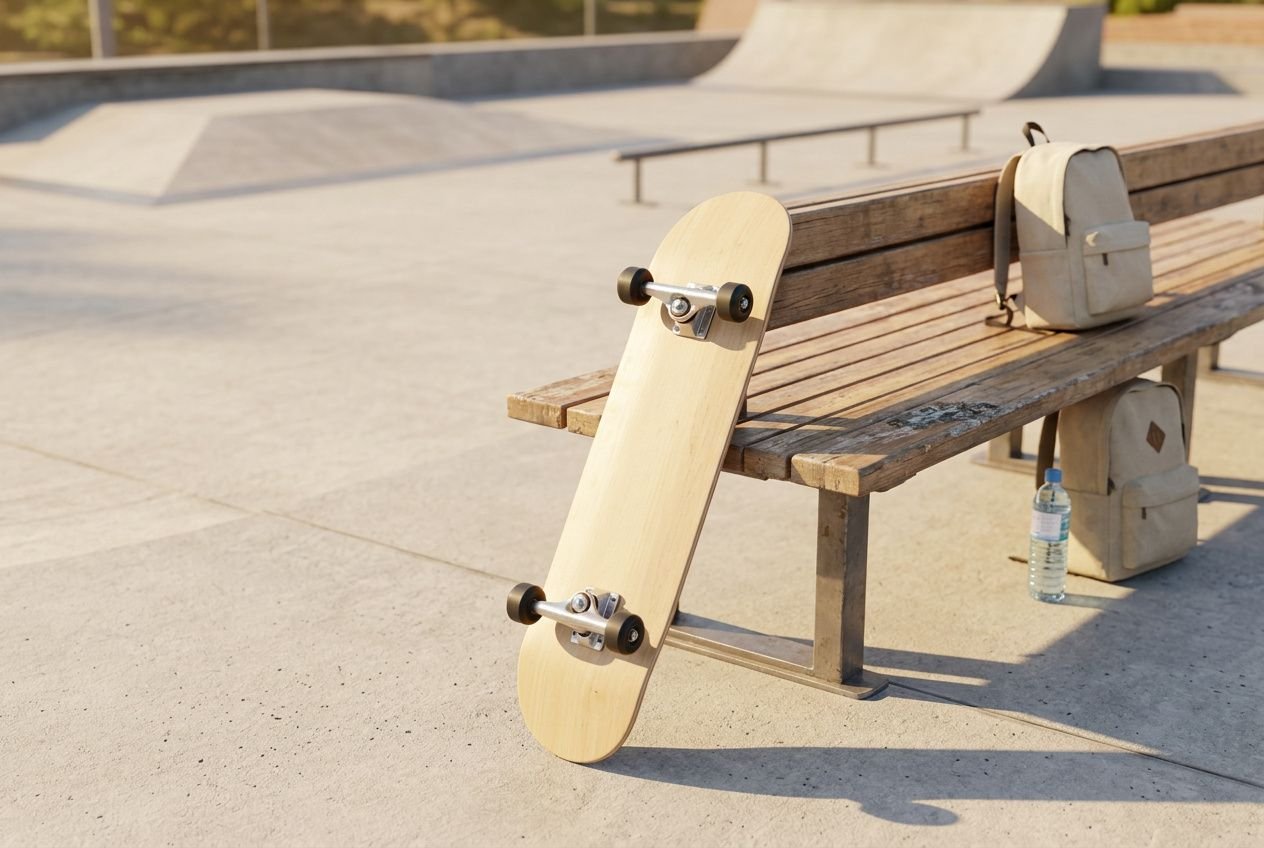 Skateboard appoggiato su una panchina in un parco urbano, borsa e borraccia accanto; ideale per chi cerca come iniziare skateboard.