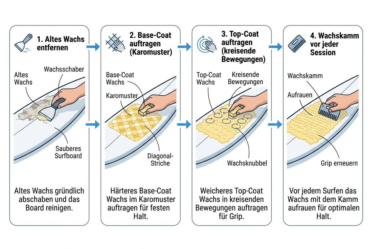 Surfboard wachsen anfänger anleitung: Schritt-für-Schritt-Bild erklärt Base-Coat, Top-Coat und Wachskamm, fürs perfekte Board-Gefühl.
