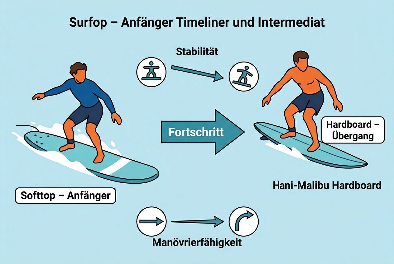 Surfer auf einem Softtop-Anfängerboard versus ein fortgeschrittener Surfer auf einem Hardboard, mit Pfeilen zu Stabilität, Fortschritt und Übergang sowie Symbolen für Manövrierfähigkeit.