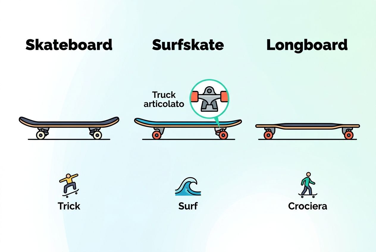 Surfskate cos'è: grafica che mostra skateboard, surfskate e longboard, con focus su truck articolato del surfskate per simulare il surf su asfalto.