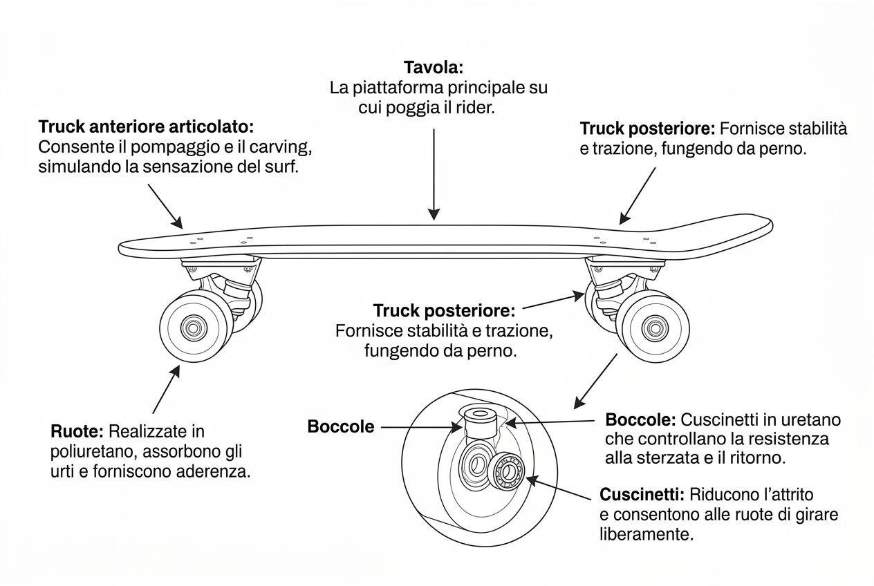 Surfskate cos'è: tavola illustrata con componenti come truck anteriore/posteriore, ruote, boccole e cuscinetti, che mostrano come simula il surf su asfalto.
