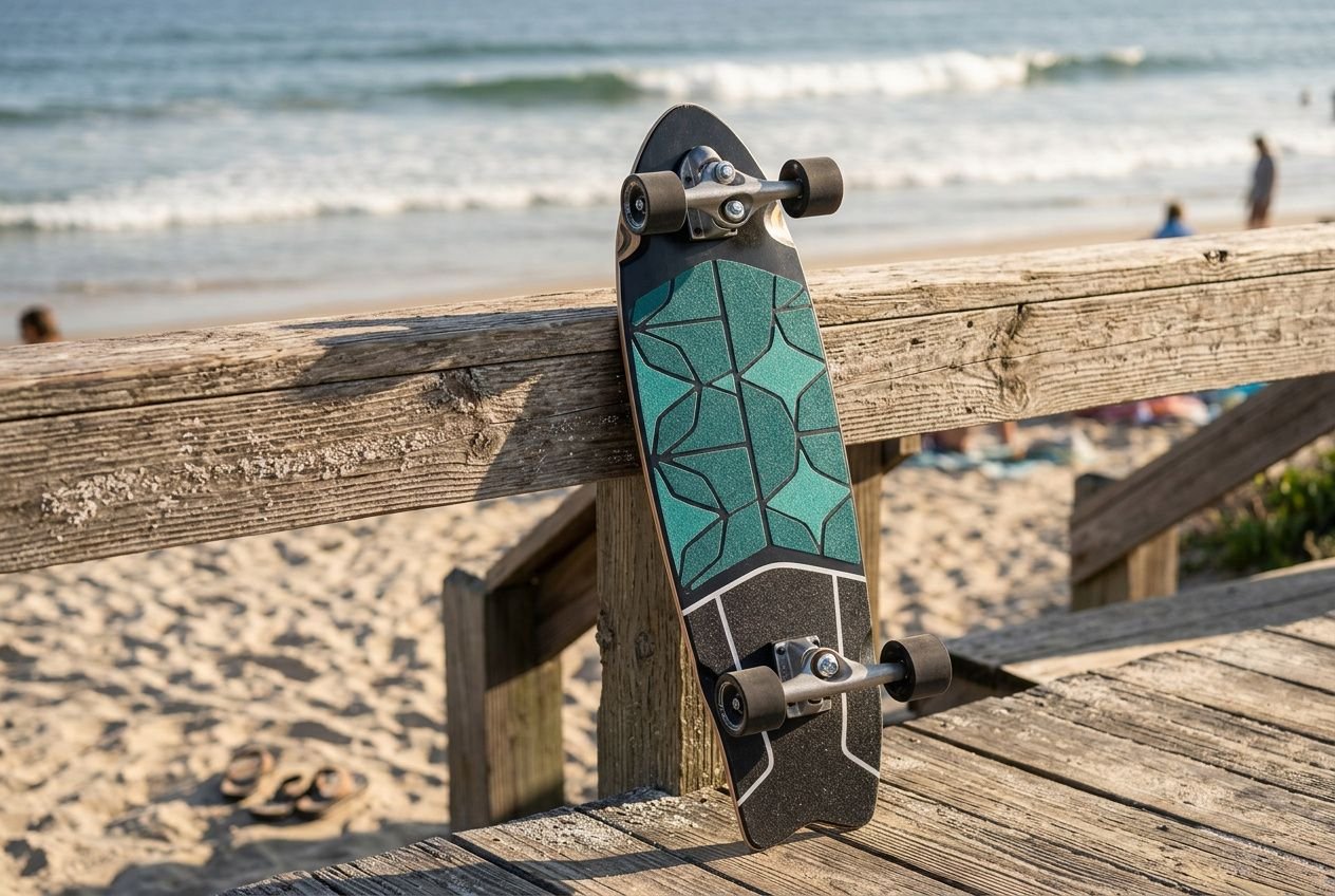 Surfskate fahren lernen: Ein modernes Surfskate-Board lehnt an einer Holzpier am Strand, mit Blick aufs Meer und Sand.