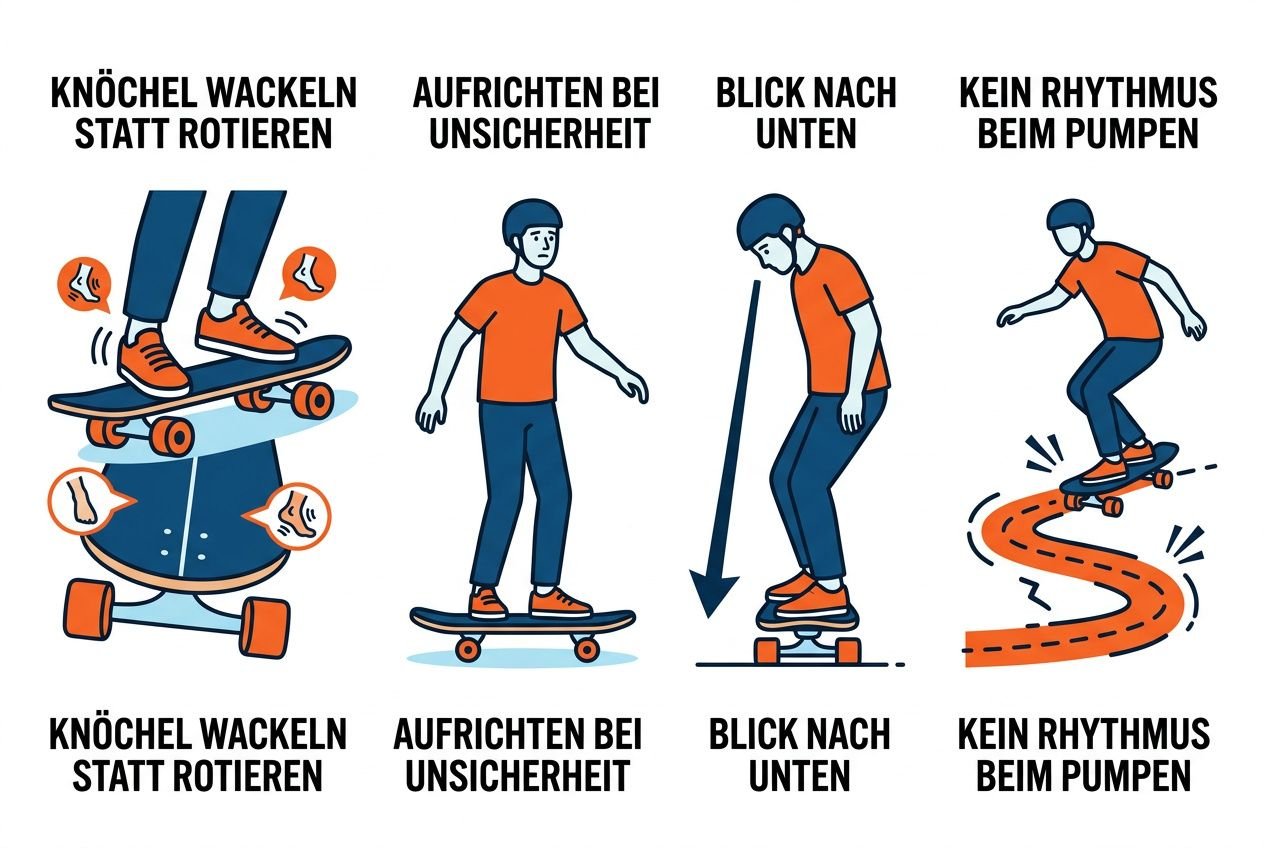 Surfskate fahren lernen: Vier Panels zeigen Anfänger beim Stand auf Skateboard, Fokus auf Stabilität, Gleichgewicht und Sicherheit.