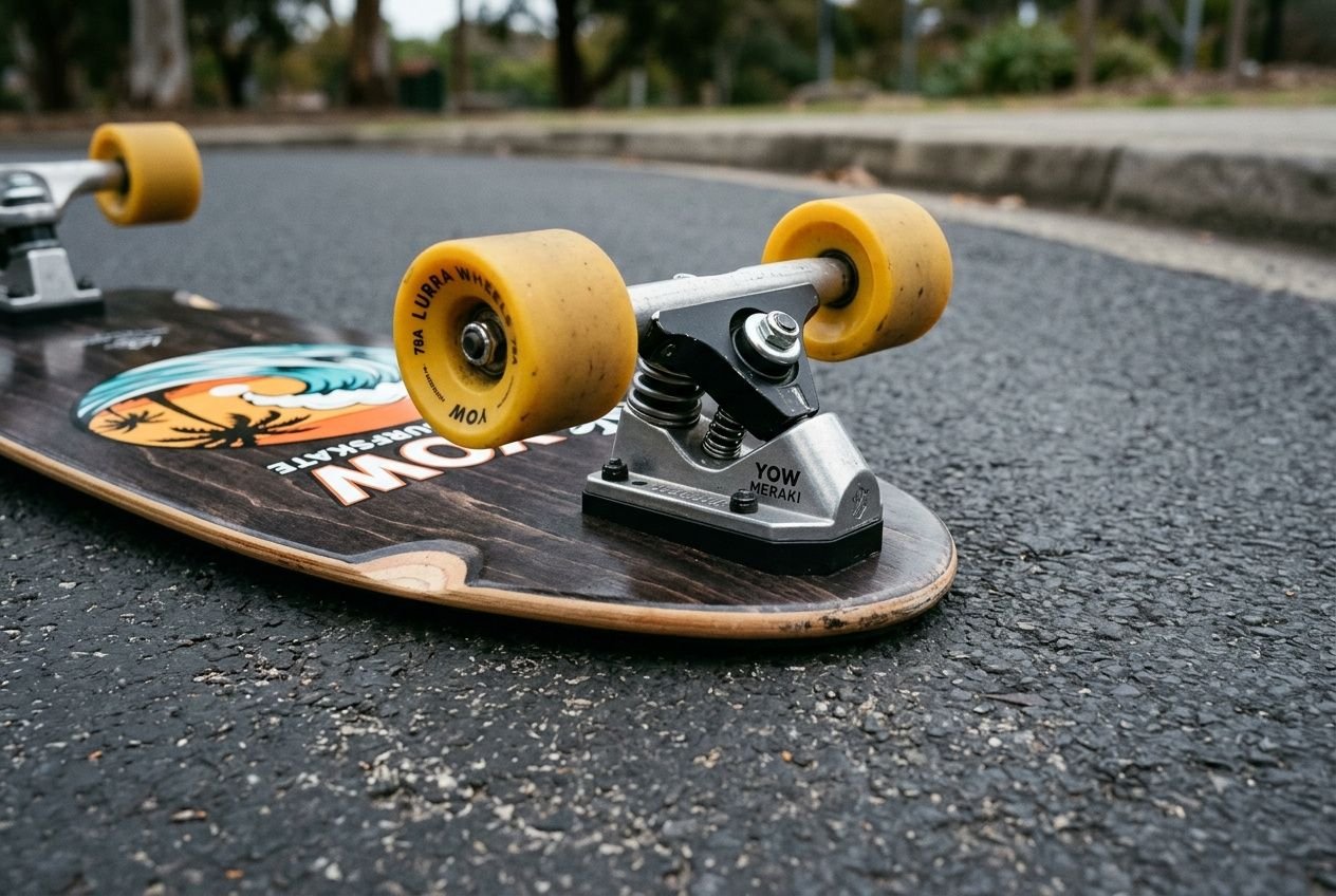 Surfskate Frontansicht: Longboard mit gelben Rollen auf asphaltiertem Weg; Trucks von YOW Meraki sichtbar, Hintergrund unscharf. surfskate marken vergleich als Keyword integrierbar.