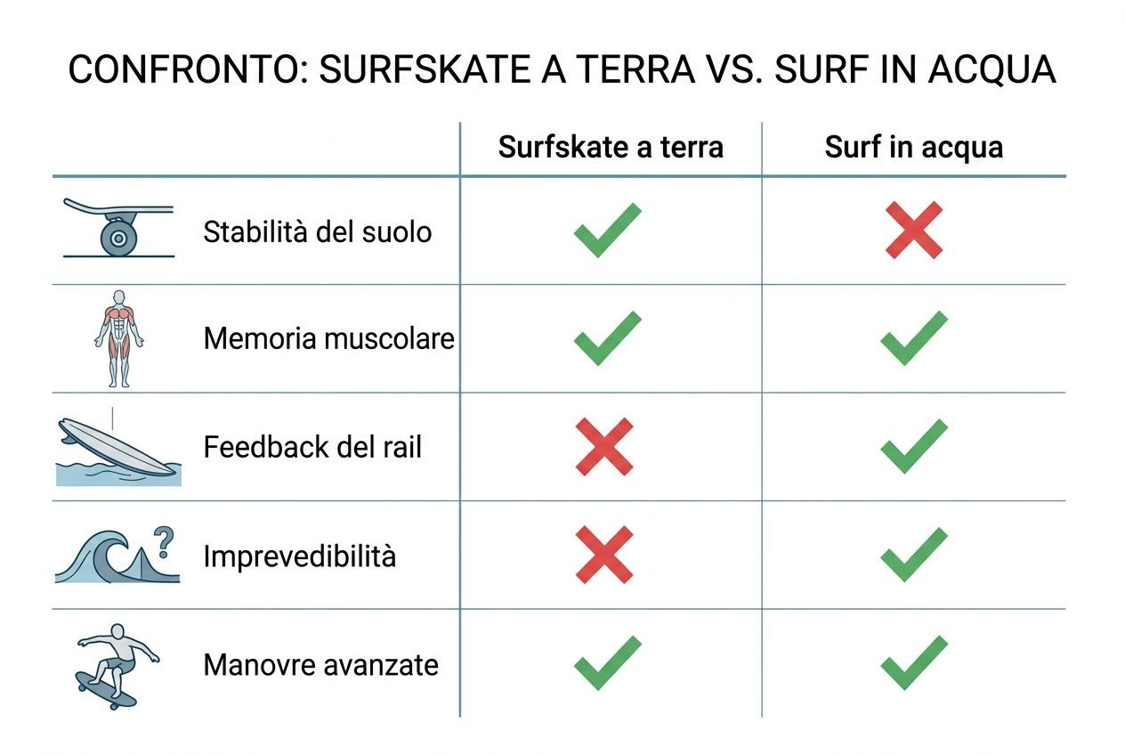 Tabella a confronto “Surfskate a terra” vs “Surf in acqua” su stabilità, memoria muscolare, feedback del rail, imprevedibilità e manovre avanzate.