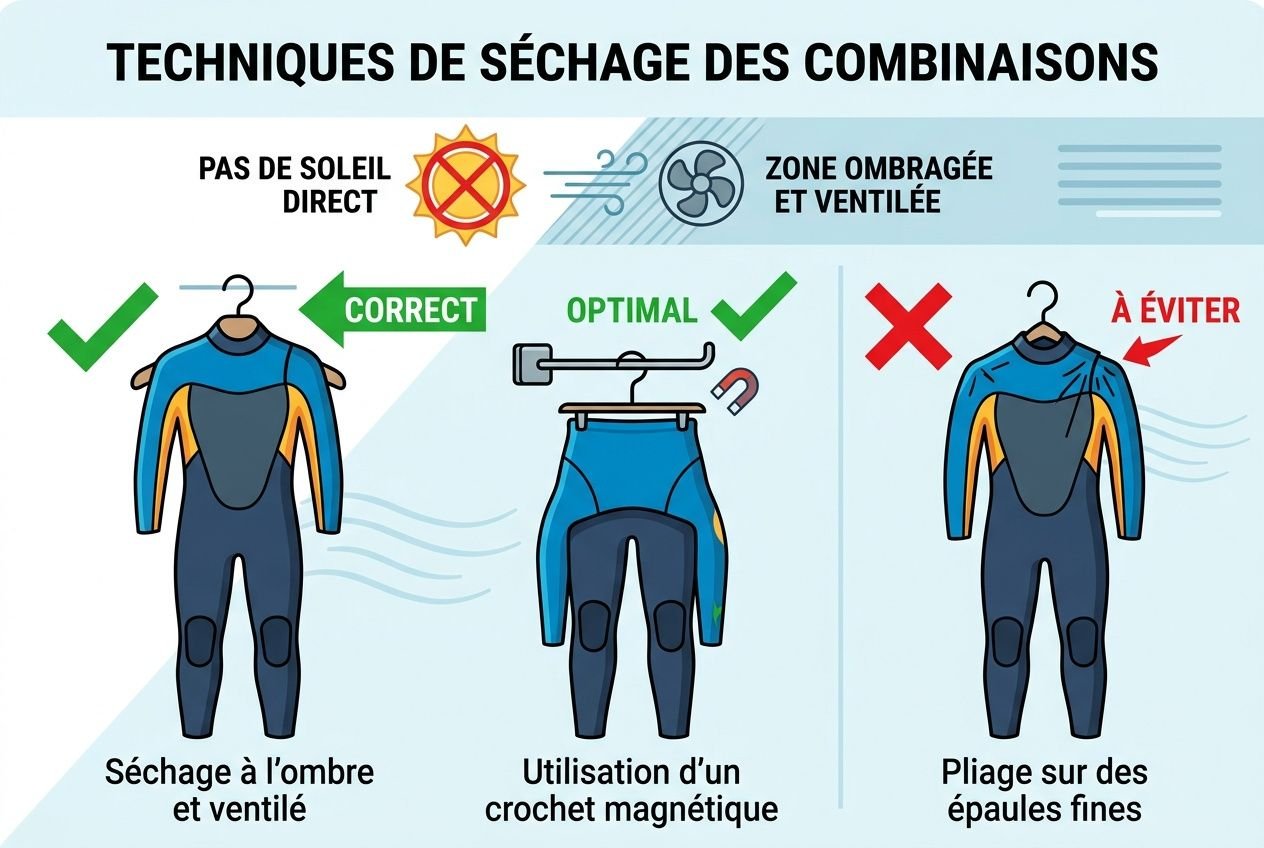 Technique de séchage des combinaisons: illustration montrant séchage à l’ombre et ventilé, utilisation d’un crochet magnétique et erreurs à éviter (pliage sur épaules fines). entretien combinaison néoprène, guide pour durer