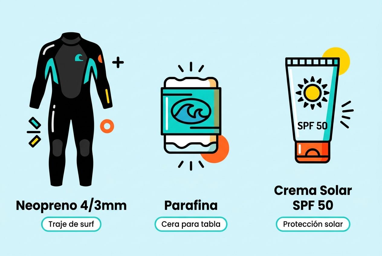 Traje de surf con neopreno, cera para tabla y crema solar SPF 50 para principiante, ideal para empezar a surfear.