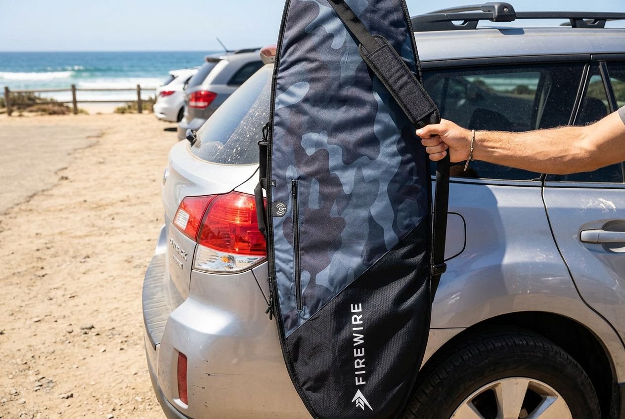 Transportando prancha de surf enrolada num capa de proteção junto ao carro à beira-mar, pronto para surfar. como cuidar prancha de surf.