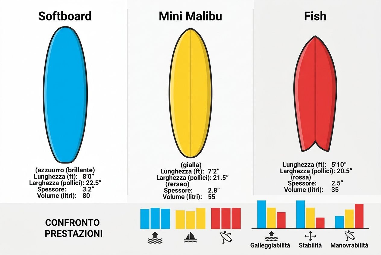 Tre tavole da surf: Softboard blu, Mini Malibu gialla e Fish rossa, con misure evase e grafici di prestazioni e manovrabilità. come iniziare a fare surf oggi.