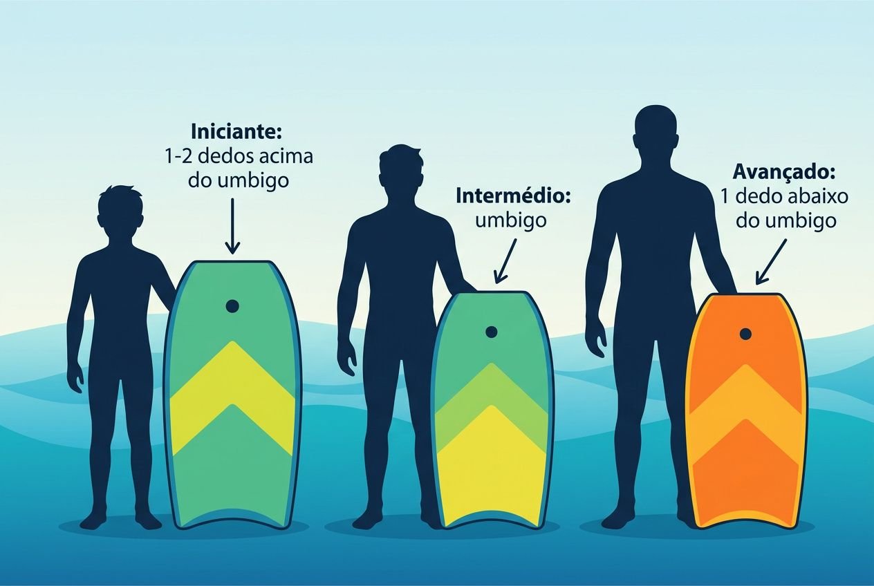 Três bodyboards com diferentes tamanhos, mostrando iniciantes, intermédio e avançado, com silhuetas humanas ao lado para indicar níveis de prática.