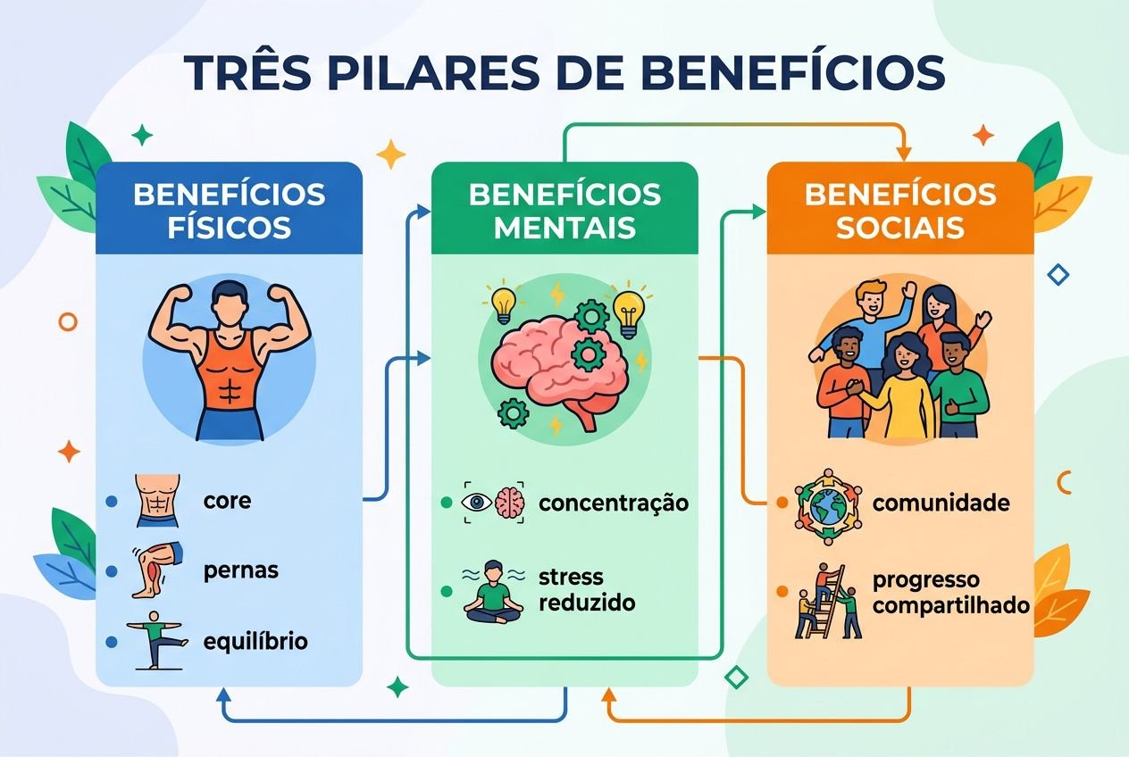 Três pilares de benefícios: benefícios físicos com ícones de core, pernas e equilíbrio; benefícios mentais com cérebro e foco; benefícios sociais com grupo e comunidade, relacionado a surfskate o que é.