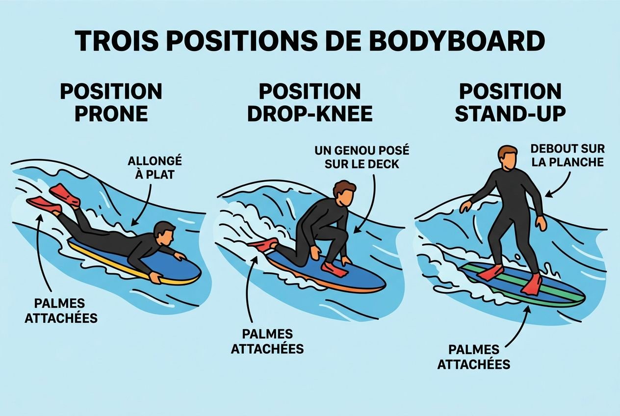 Trois positions de bodyboard illustrant la position prone, la position drop-knee et la position stand-up avec les pieds attachés et les paumes visibles.