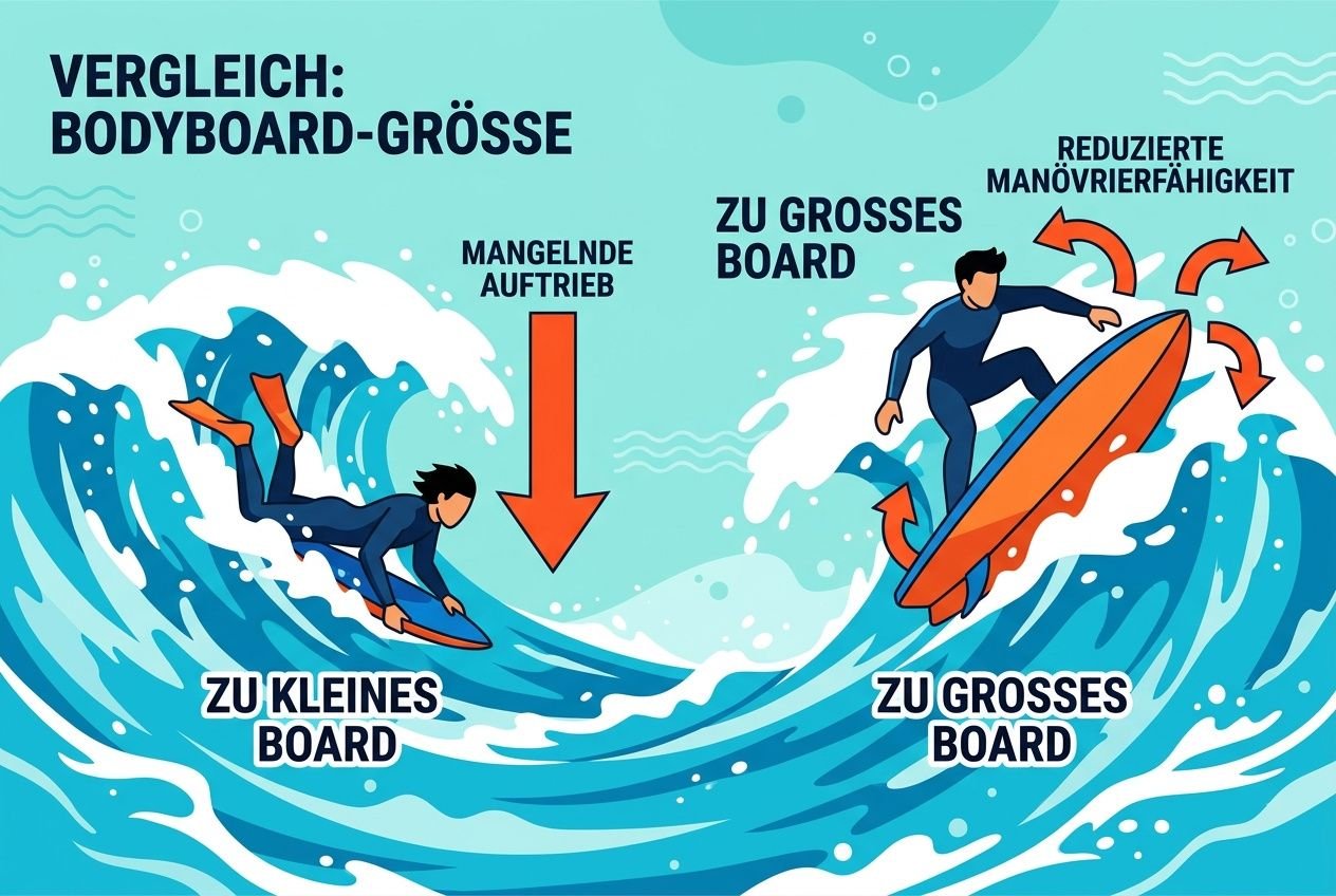 Vergleich: Bodyboard-Größe : Illustration mit zu kleinem, optimalem und zu großem Board; Hinweis auf fehlenden Auftrieb und reduzierte Manövrierfähigkeit. Bodyboard richtige größe im Kontext von Größenkunde.