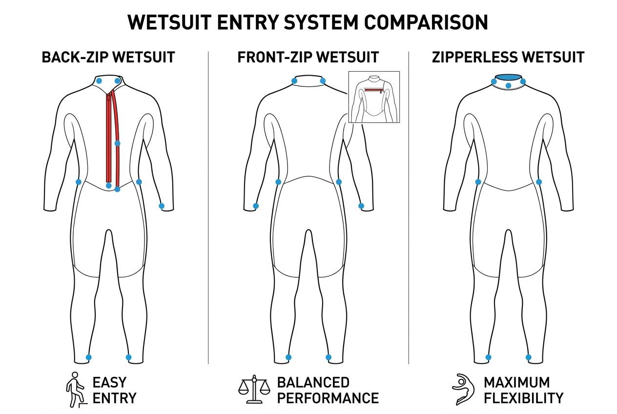 Wetsuit entry system comparison: back-zip, front-zip, and zipperless wetsuits shown on full-body silhouettes with highlighted blue points at joints; labeled Easy Entry, Balanced Performance, and Maximum Flexibility.
