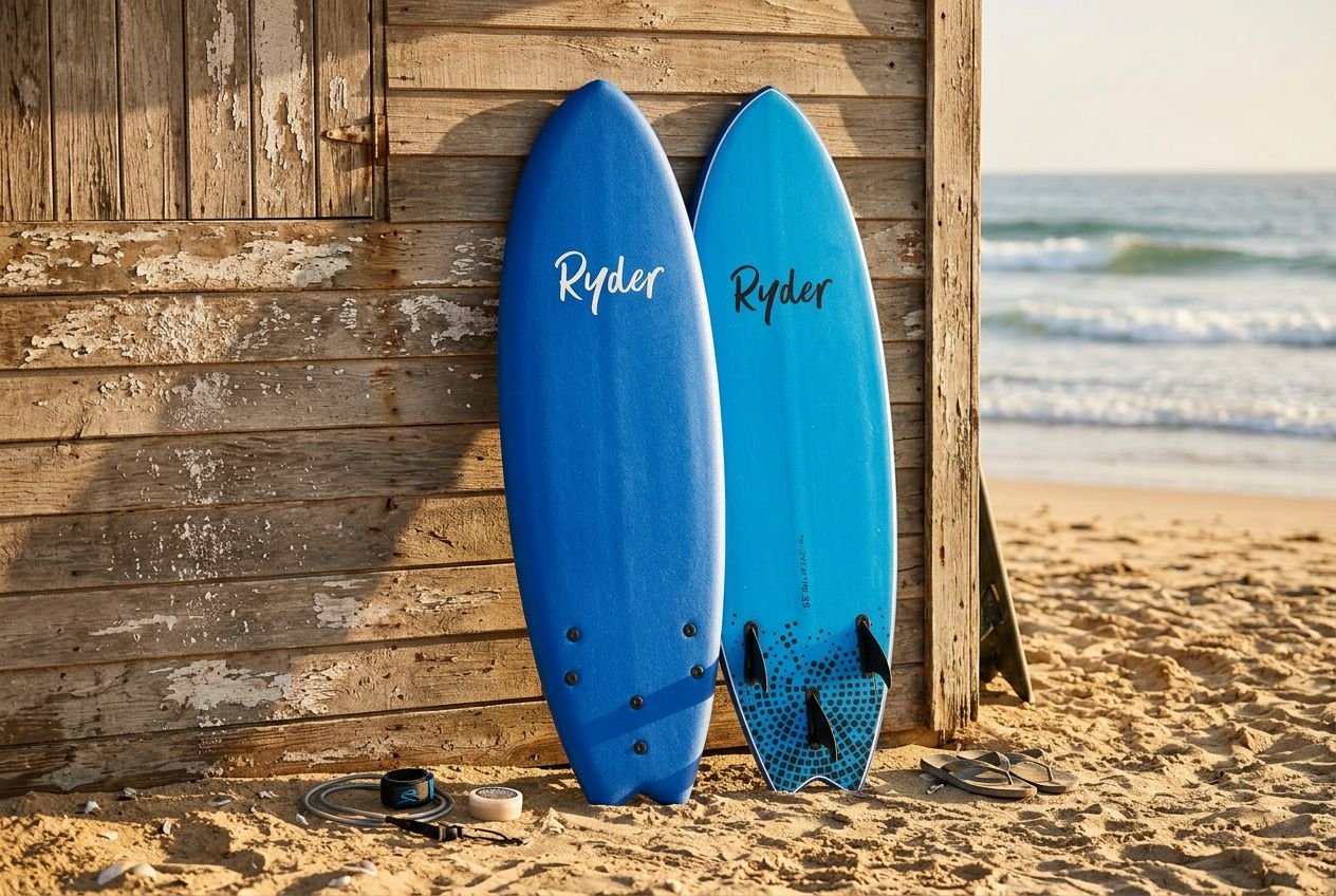 Zwei blaue Surfboards lehnen an einer Holzwand am Strand; rechts weht sanft das Meer. Integriert: surfboard volumen rechner.